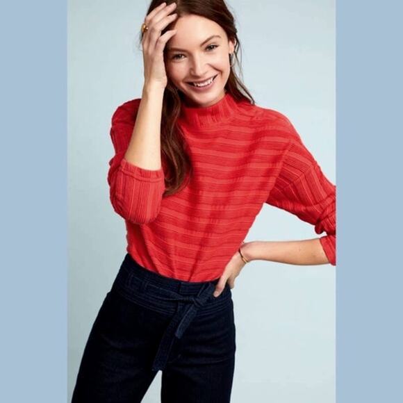 Maeve Orange Ribbed Knit Button Neck Top Medium - Picture 1 of 9
